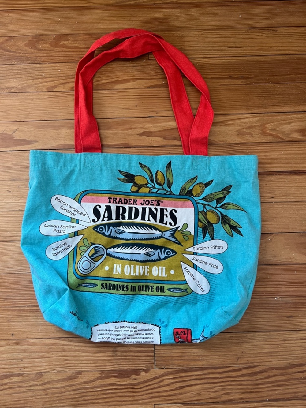Trader Joe's Turquoise Sardines Tote with Red Handles